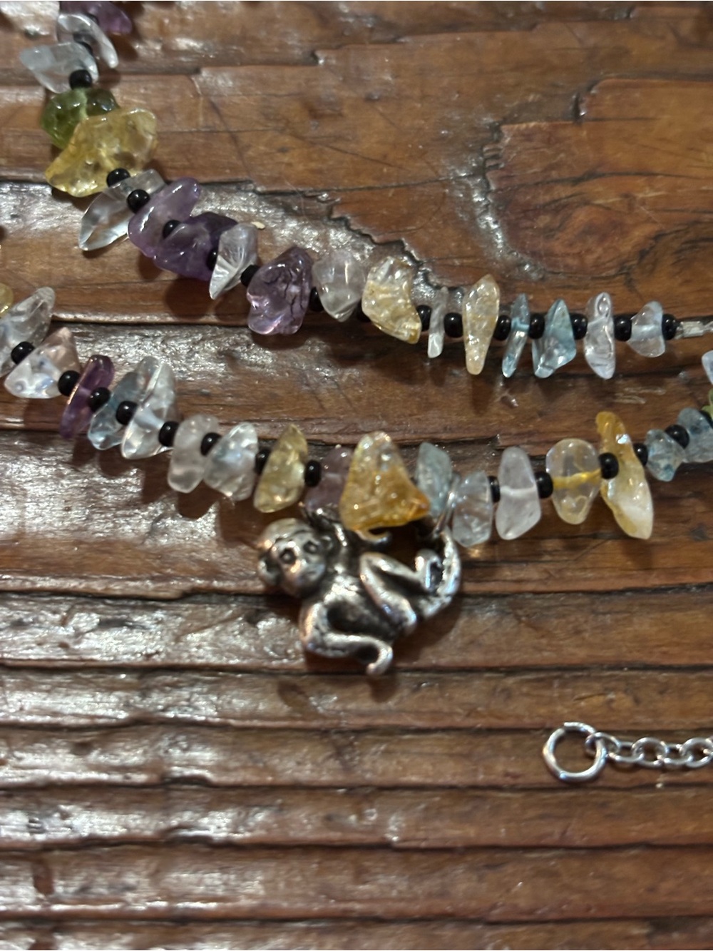 Multicolor Gemstone Chip Necklace with Silver Monkey Charm